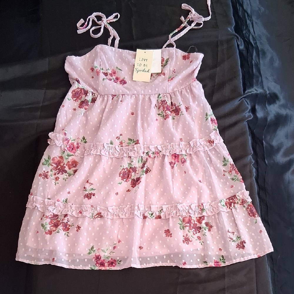 Live To Be Spoiled Light Pink Floral Ruffle Sun Dress, Juniors Size L